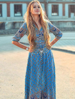 Beautiful Bohemia Floral V Neck Half Sleeve Front Split Maxi Dress