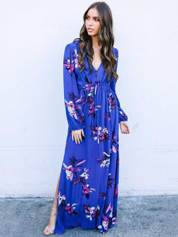 V-neck Long-Sleeve Floral-Print Maxi Bohemia Dress