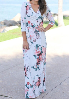 White Floral Sashes 3/4 Sleeve V-neck Bohemian Maxi Dress