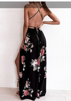 Black Floral Condole Belt Backless V-neck Fashion Maxi Dress