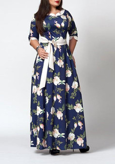 Blue Floral Sashes Draped Banquet Plus Size Elegant Party Maxi Dress