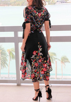 Black Floral Irregular V-neck Elbow Sleeve Bohemian Midi Dress