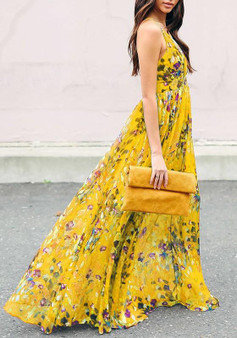 Yellow Floral Draped Spaghetti Strap Flowy Deep V-neck Bohemian Elegant Party Maxi Dress
