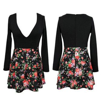 Black Floral Ruffle Zipper Plunging Neckline Mini Dress