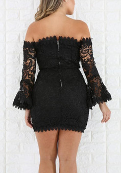 Casual Black Floral Lace Lace-up Off Shoulder Backless Flare Sleeve Party Mini Dress
