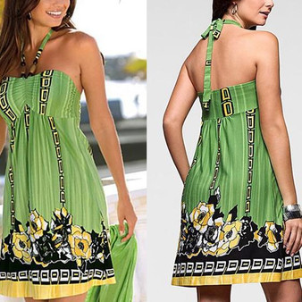 Casual Green Floral Print Square Neck Mini Dress