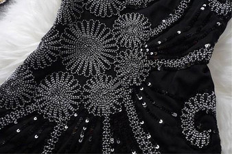 Casual Black Floral Sequin Round Neck Vintage Mini Dress