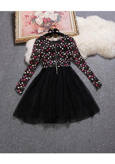 Casual Black Floral Zipper Grenadine Round Neck Fashion Mini Dress