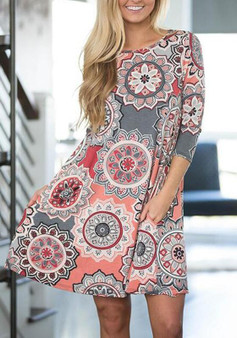 Casual Pink Floral Round Neck 3/4 Sleeve Casual Mini Dress