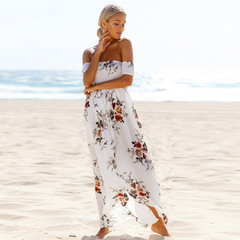 Boho style long Off shoulder beach summer Floral print Vintage chiffon white maxi dresses