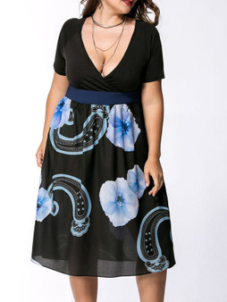 Casual Deep V-Neck Floral Paisley Empire Plus Size Flared Dress