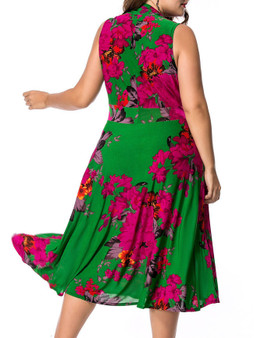 Casual Deep V-Neck Floral Printed Empire Midi Plus Size Flared Dress