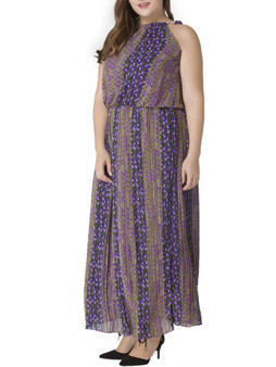 Casual Crew Neck Chiffon Plus Size Maxi Dress In Floral Vertical Striped