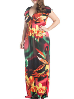 Casual Deep V-Neck Captivating Floral Plus Size Maxi Dress