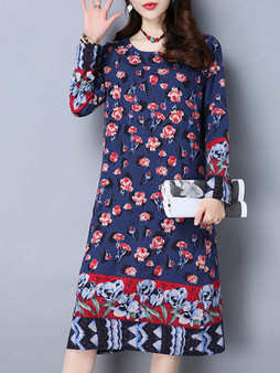 Casual Round Neck Slit Pocket Floral Printed Plus Size Shift Dress