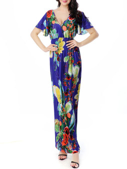 Casual Deep V-Neck Floral Printed Plus Size Maxi Dress