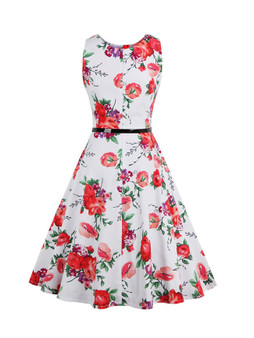 Casual Round Neck Floral Printed Delightful Plus Size Flared Dress