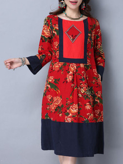 Casual Round Neck Color Block Floral Printed Plus Size Shift Dress
