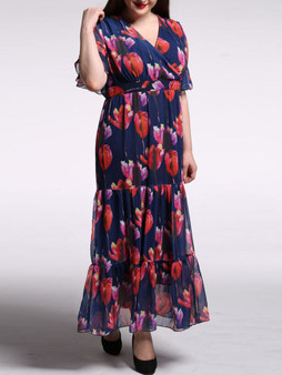 Casual V-Neck Floral Chiffon Plus Size Maxi Dress With Ruffled Hem