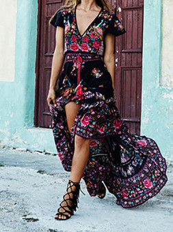 Casual Vintage Deep V Neck Floral Print Dress