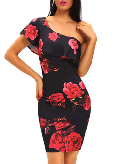 Casual Chic One Shoulder Floral Printed Bodycon Dress