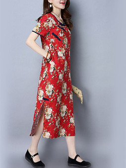 Casual Side Slit Round Neck Pocket Floral Printed Maxi Dress