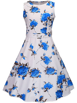 Casual Round Neck Belt Floral Printed Extraordinary Skater Dress