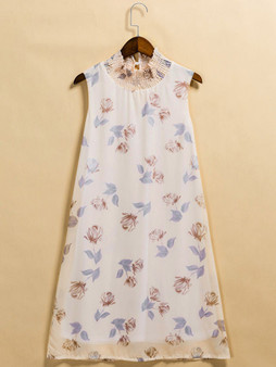 Casual Sleeveless Band Collar Floral Printed Chiffon Shift Dress