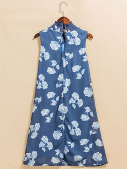 Casual Band Collar Floral Printed Chiffon Shift Dress