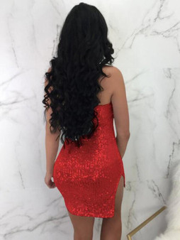 New Red Bandeau Sequin Off Shoulder Backless Side Slit Sparkly Bodycon Clubwear Mini Dress