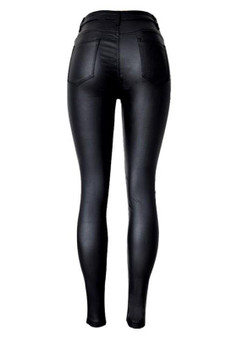 Black Pockets Buttons High Waisted Zipper Fashion Bodycon PU Long Pants