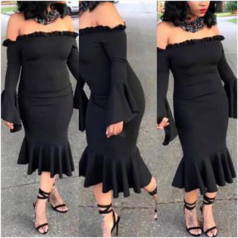 Black Ruffle Off Shoulder Backless Flare Sleeve Mermaid Bodycon Party Midi Dress