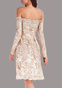 Apricot Embroidery Lace Off Shoulder Backless Bodycon Elegant Party Midi Dress