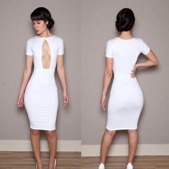 White Plain Cut Out Short Sleeve Club Bodycon Midi Dress