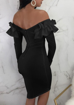 Black Ruffle Zipper Off Shoulder Backless Bodycon Elegant Party Midi Dress