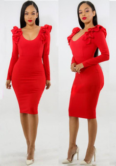 Red Ruffle Backless Bodycon Elegant Banquet Party Midi Dress
