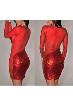Casual Red Patchwork Sparkly Sequin See-through Clubwear Bodycon NYE Party Mini Dress