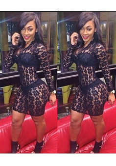 Casual Black Plain Lace Hollow-out See-through Bodycon V-neck Clubwear Mini Dress