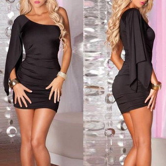 Black Plain Asymmetric Shoulder Irregular One-shoulder Ruffle Slim Bodycon Mini Dress