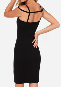 Casual Black Plain Spaghetti Strap Zipper Bodycon Off-Shoulder Mini Dress