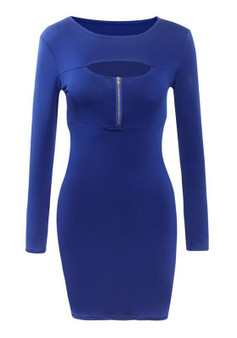 Casual Dark Blue Plain Cut Out Front Zipper Bodycon Club Party Mini Dress