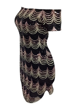 Casual Black Geometric Sequin Bandeau Boat Neck Off-Shoulder Bodycon Clubwear Mini Dress