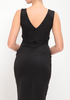 Casual Black Patchwork Lace Zipper Deep V-neck Slit Bodycon Mini Dress
