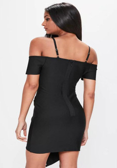 Casual Black Irregular Zipper Spaghetti Strap Boat Neck Off Shoulder Bodycon Mini Dress