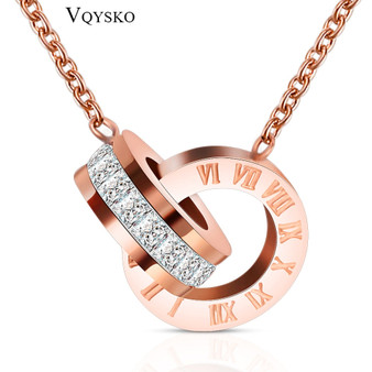 Fashion Stianless Steel Crystal Double Cricle love Roman Numberals Pendant Necklace Rose Gold Color Women Wedding Jewelry