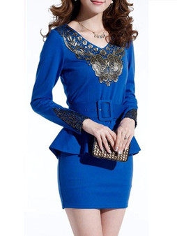 Casual V-Neck Decorative Lace Peplum Bodycon Dress