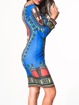 Casual Round Neck Printed Tribal Bodycon Dress