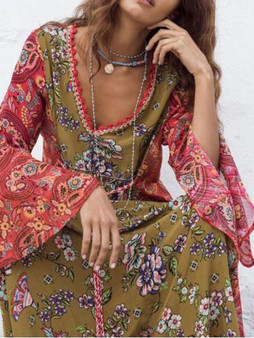 New Green-Red Tribal Floral Pattern Deep V-neck Flare Sleeve Flowy Bohemian Maxi Dress