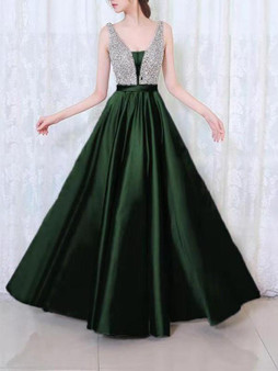 New Green Patchwork Sequin Grenadine Pleated Sparkly Glitter Birthday Prom Evening Party Maxi Dress