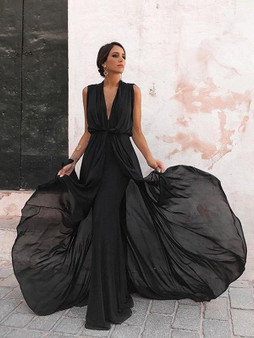 New Black Cut Out Ruffle Plunging Neckline Fashion Maxi Dress